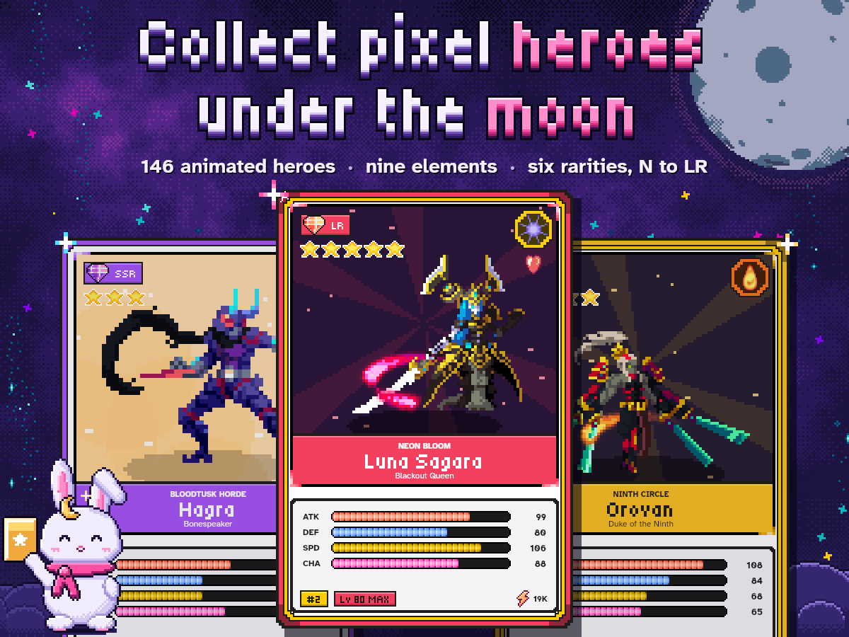 Three Lunara hero cards, Hagra (SSR), Luna Sagara (LR) and Orovan (UR), with the moon-bunny holding up a card under the moon