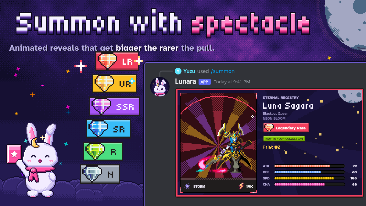 A Lunara summon message in Discord revealing Luna Sagara (LR) on the Eternal Registry banner, beside the six rarity badges from N to LR