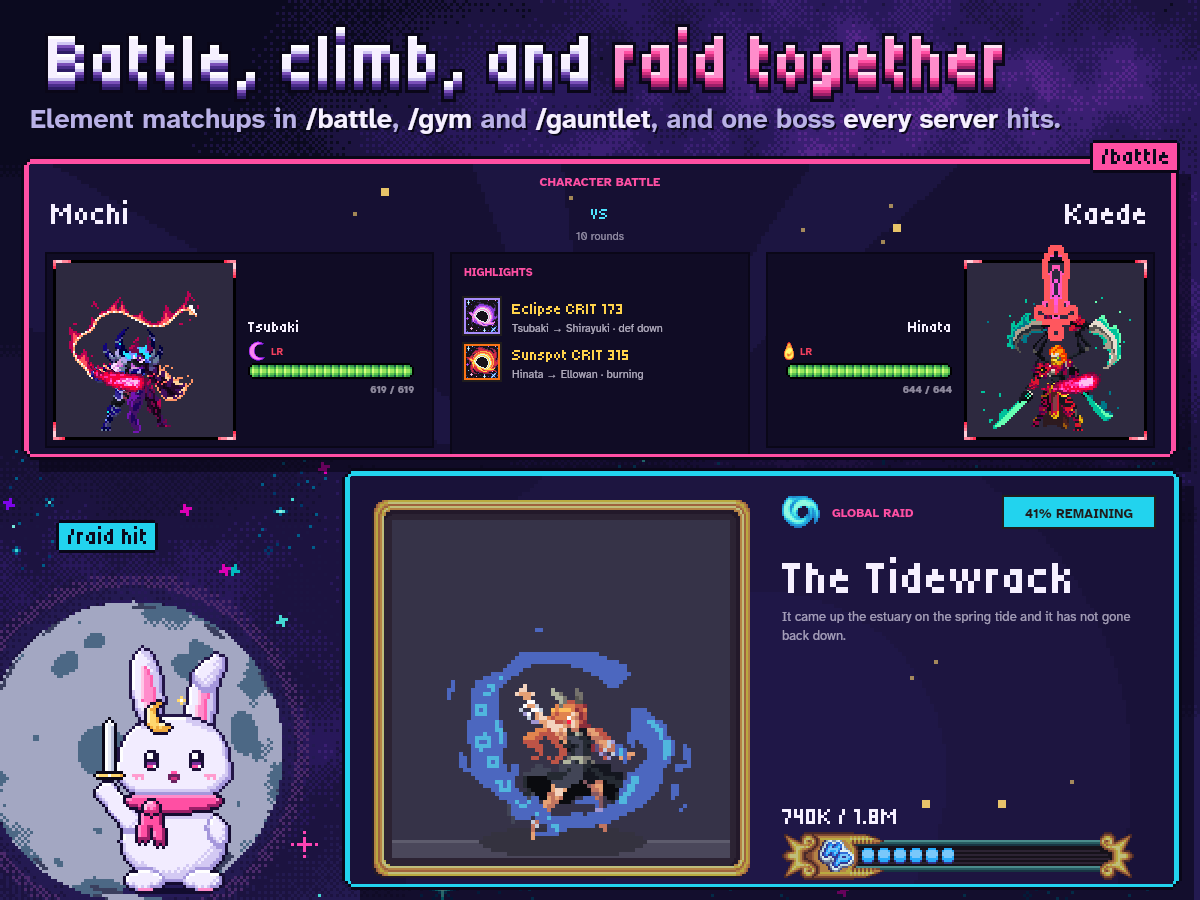 A Lunara battle, Mochi vs Kaede, with critical-hit highlights, above the global raid card for The Tidewrack and its shared health bar
