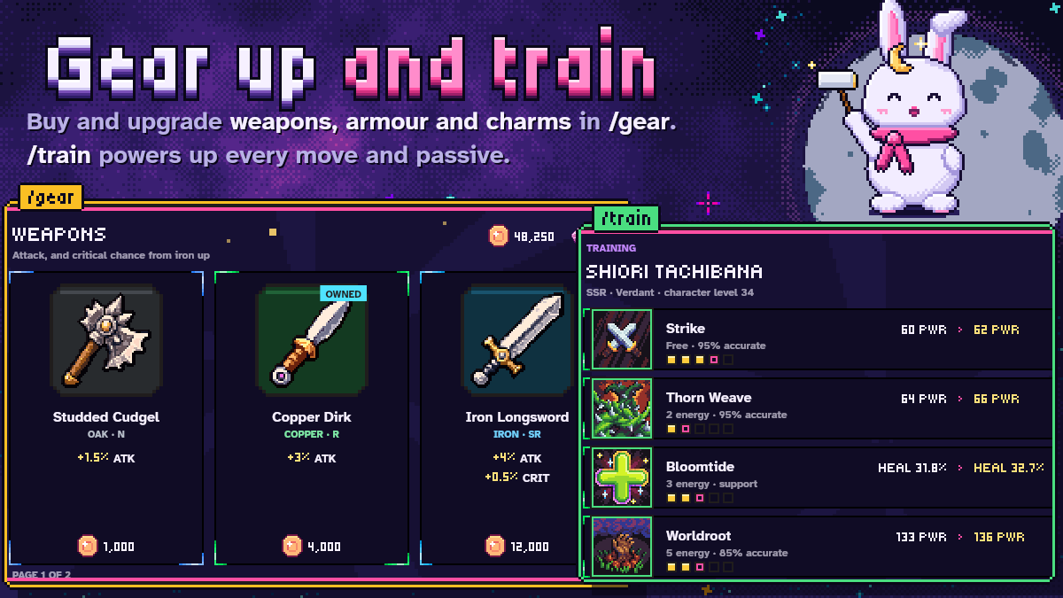 Lunara's /gear weapon shelf beside a /train sheet of moves being powered up, with the moon-bunny holding a hammer