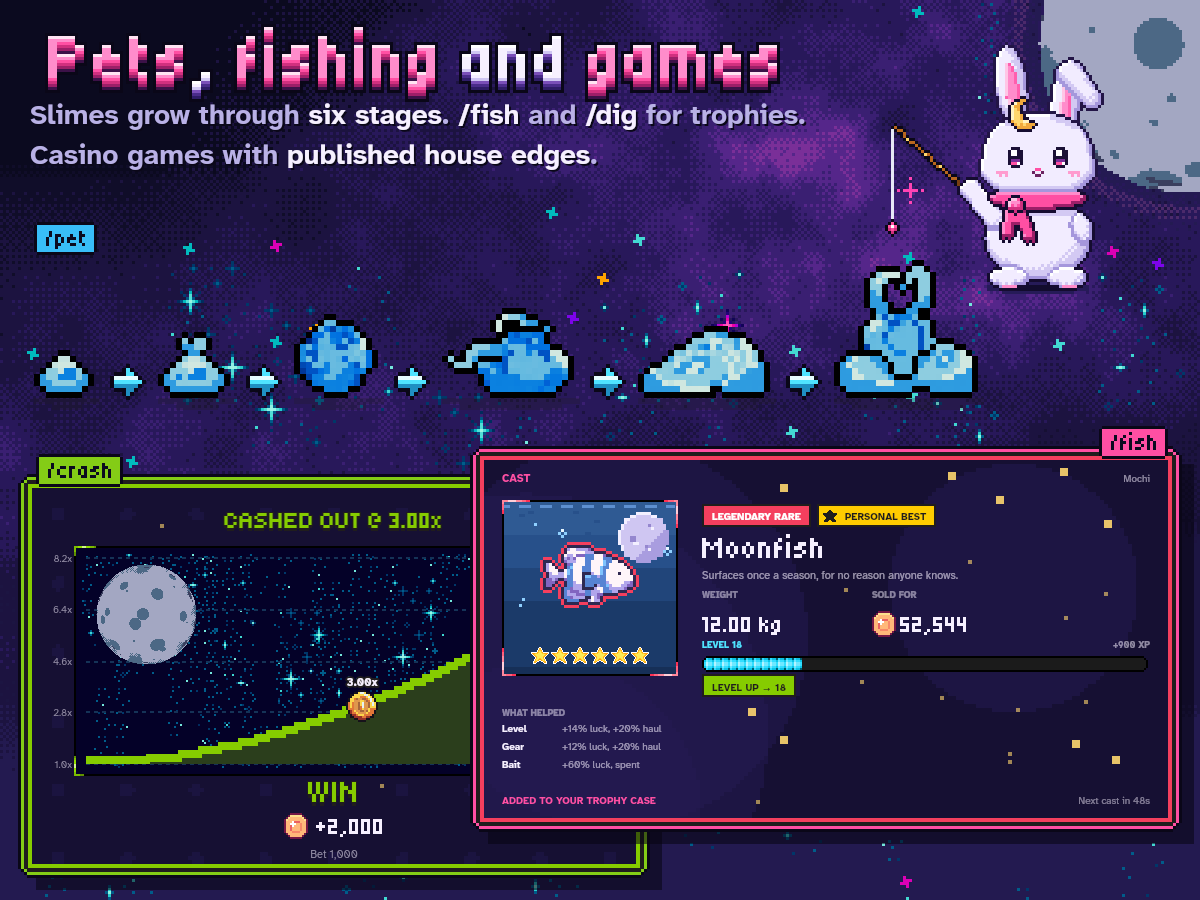 A slime pet at all six growth stages, a /crash round cashed out at 3.00x, and a Moonfish catch from /fish