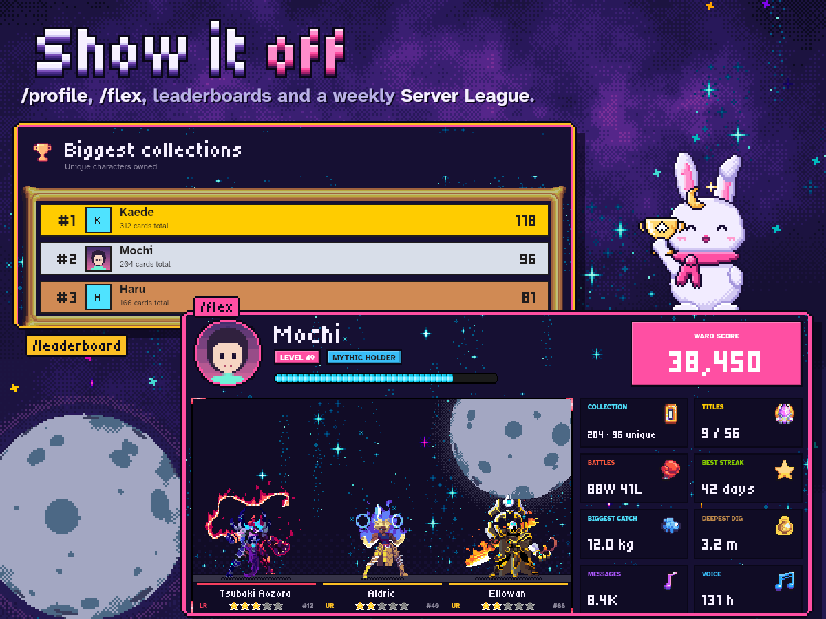 The Biggest collections leaderboard and Mochi's /flex card with his team and stats, with the moon-bunny holding a trophy
